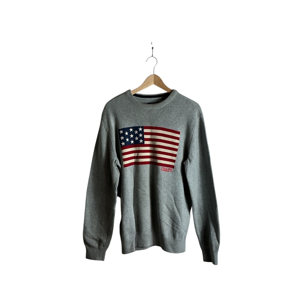 Chaps RL Men's Large American Flag Knit Crew Neck Sweater Gray Patriotic Preppy